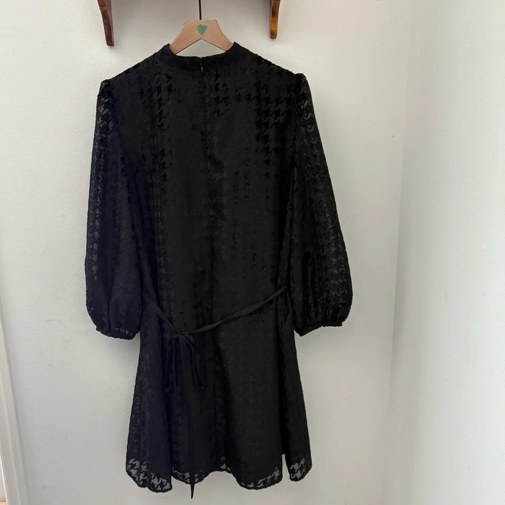 Ann Taylor NWT Black Houndstooth Sheer Sleeve A-Line Belted Dress Size 16 - Picture 7 of 11